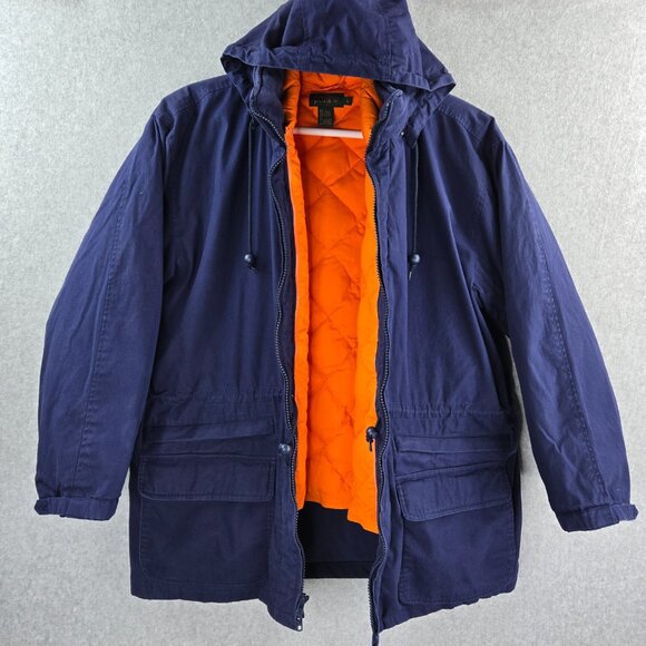 J Crew Jacket Mens Large Goose Down Lined Quilted Hooded Heavyweight Field Coat
